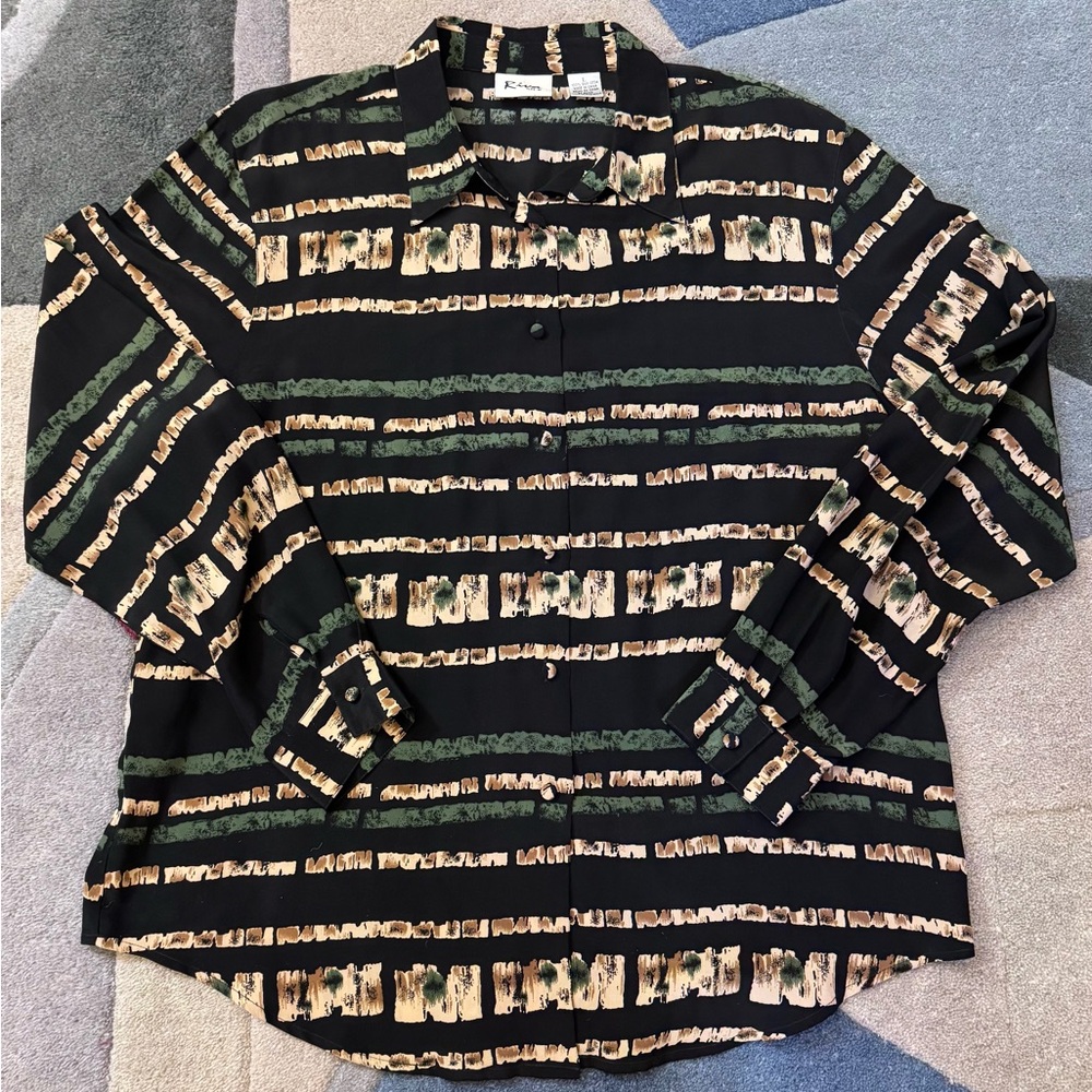 Vintage 90s 100% Silk Abstract Stripe Button Down Blouse L Oversized